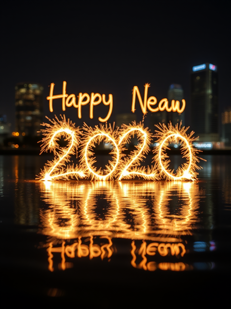 Create an image of "Happy New Year 2020" using sparklers reflected in water, captured with a Canon EOS 5D Mark IV, 24mm lens, aperture f/2.8, ISO 100, shutter speed 1/60s, taken at night with a slight bokeh effect to enhance the city lights.