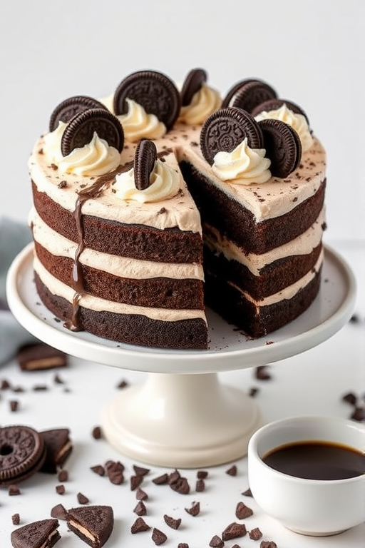 Chocolate cream cake with layers of dark chocolate sponge filled with cookies and cream frosting topped with whipped cream swirls and Oreo cookie halves on a white cake stand with a slice cut out, surrounded by crushed chocolate cookies and a small bowl of coffee.
