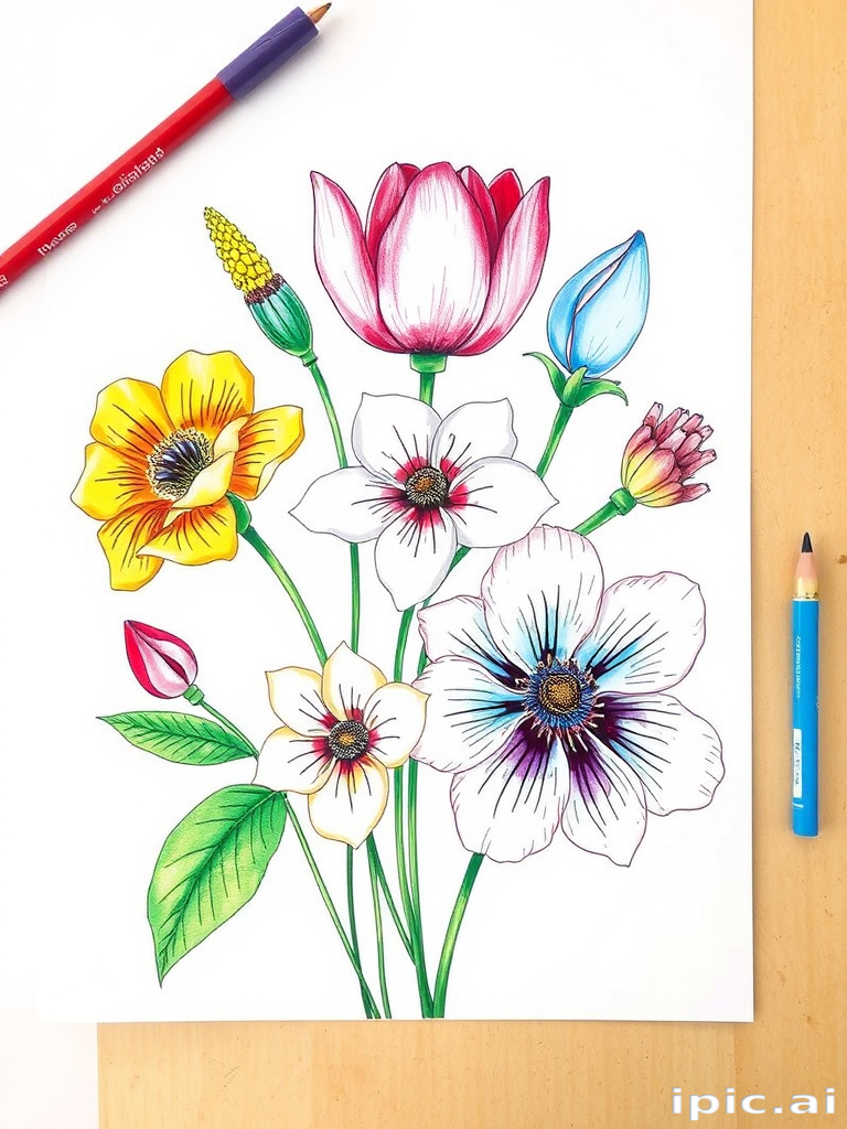 drawings of flowers with color