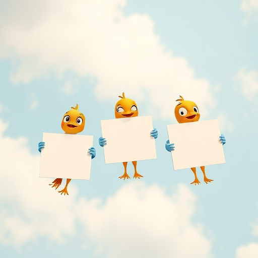 Create an illustration of three cartoon birds flying and holding blank signs, use a Canon EOS R5 camera with an aperture of f/2.8, ISO 100, 50mm lens, top-down view, and soft lighting for enhanced image quality.