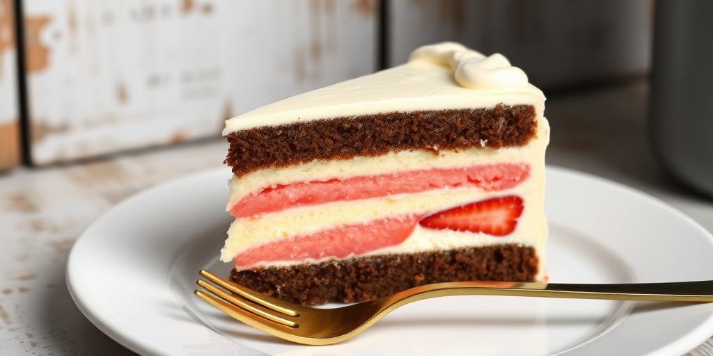 A slice of layered cake on a white plate with a gold fork beside it featuring chocolate vanilla and strawberry layers with smooth frosting and a rustic background