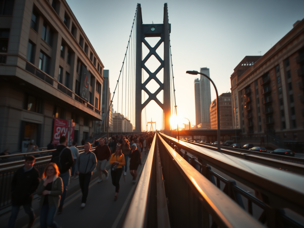 capture a busy urban bridge scene during golden hour with people walking, soft sunlight illuminating the architecture, shallow depth of field, aperture f/2.8, shutter speed 1/500s, ISO 100, shot with a DSLR camera from a low angle perspective