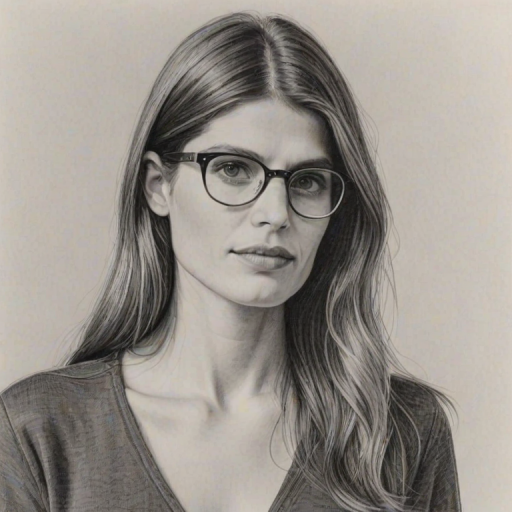 Pleasing Lake Bell, pencil sketch, portrait of Bewitching woman 1975s in glasses, hair style beatnik, outline, clear lines, fine lines, 8k