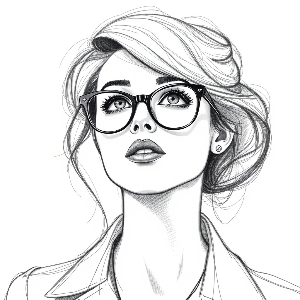 Beauteous Miranda Cosgrove, pencil sketch, portrait of Fetching woman 1946s in glasses, hair style beatnik, outline, clear lines, fine lines, 8k