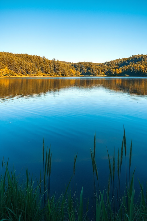A serene landscape featuring a calm lake surrounded by lush greenery under a clear blue sky, shot with a Canon EOS R5 at f/8, ISO 100, 1/125 sec, using a wide-angle lens from a low angle to capture the reflections in the water and foreground details.