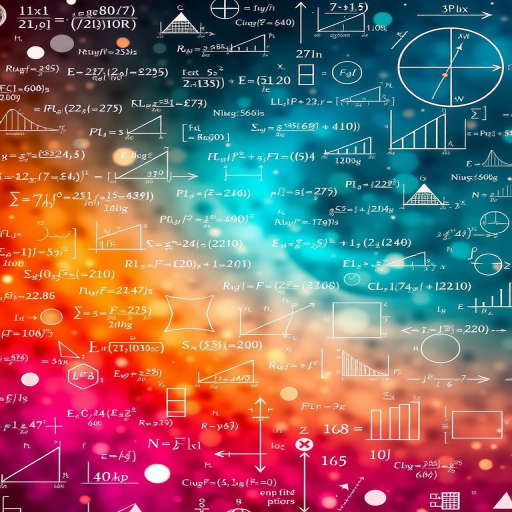 Create an abstract background featuring mathematical equations, graphs, and geometric shapes, shot with a Canon EOS R5, 35mm lens, aperture f/1.8, ISO 100, in a high dynamic range style for vibrant colors and clarity.