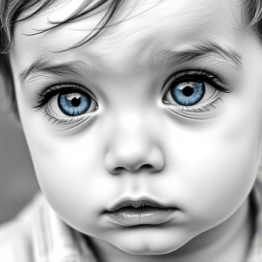 A hyperdetailed photorealistic black and white sketch of a beautiful toddler with deep blue eyes, with a macro focus