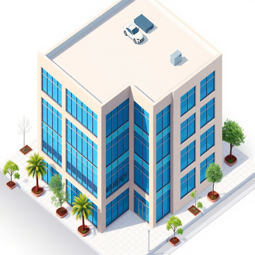 Create an isometric illustration of a modern office building with large blue windows and a flat roof, shot with a DSLR camera at f/8, ISO 100, 24mm lens, utilizing a wide-angle view to enhance clarity and detail.