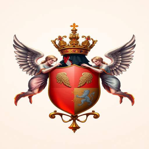 Create a high-resolution illustration of a coat of arms featuring two angels, with intricate details and vibrant colors, using a DSLR camera at f/8, ISO 100, 50mm lens, with a soft-focus background and studio lighting.