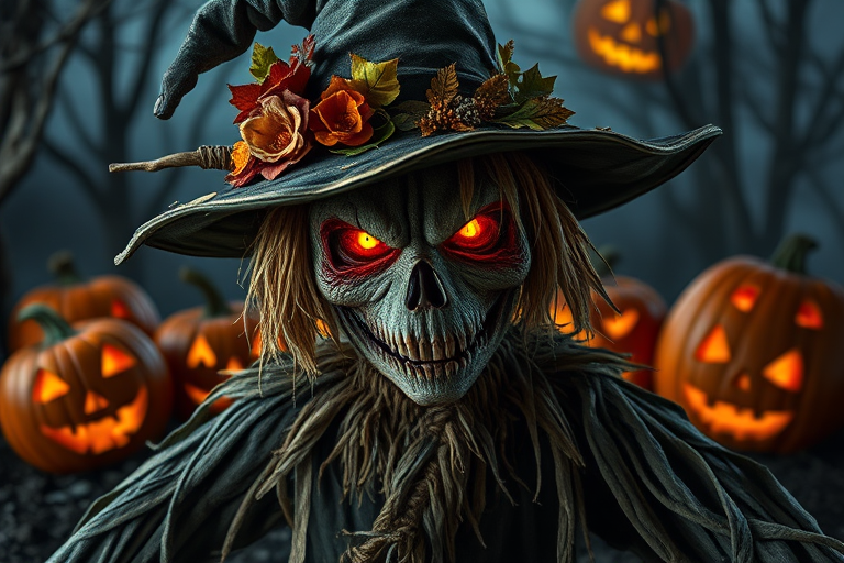 Create a menacing scarecrow character with glowing orange eyes wearing a tattered witch hat adorned with flowers and leaves surrounded by carved pumpkins in a dark, eerie setting with a hint of supernatural elements and a haunting atmosphere.