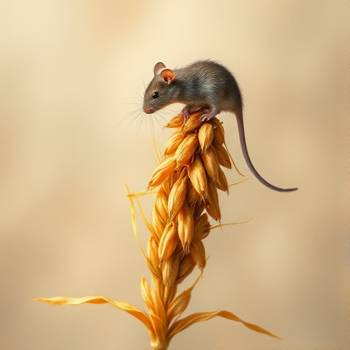 Soft, muted Alcohol Ink with ebru effect background image of tiny whimsical rat, who climbed high on the top of a golden rye ear.