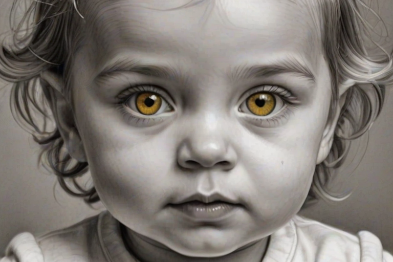 A hyperdetailed photorealistic black and white sketch of a beautiful toddler with deep Yellow eyes, with a macro focus