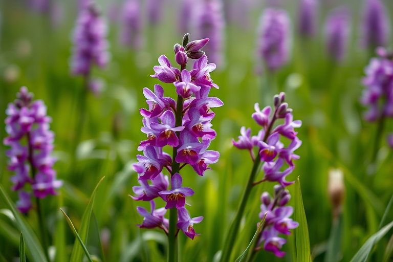 Regenerate an image of vibrant purple orchids in a misty green meadow, captured with a DSLR camera at f/2.8, ISO 200, 1/200 sec, in macro view with soft focus background for enhanced depth and clarity.