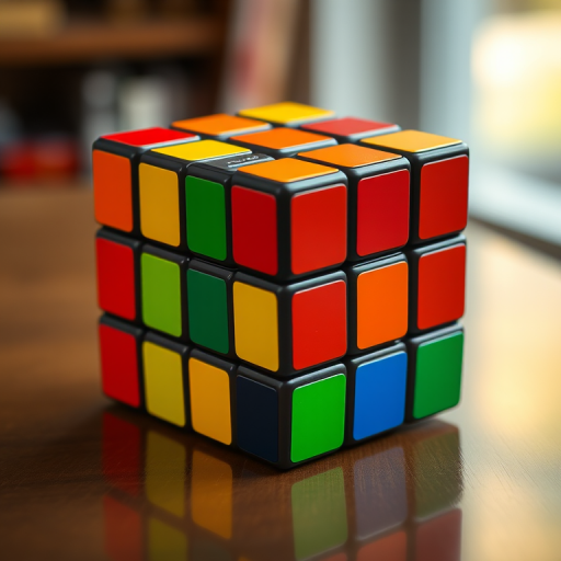 Create a high-resolution image of a 3D Rubik's Cube with vibrant colors, shot from a slightly above angle using a DSLR camera with a 50mm lens, aperture f/2.8, ISO 100, and a 1/60s shutter speed in a well-lit environment to enhance clarity and color saturation.