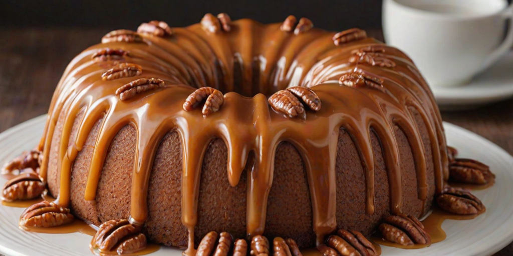 Create an image of a beautifully glazed cake with a rich caramel drizzle on top. The cake should have a moist texture and be adorned with whole pecans. A slice should be cut out to showcase the inside, revealing a blend of flavors and textures. The cake is presented on an elegant white plate with a soft, blurred background.