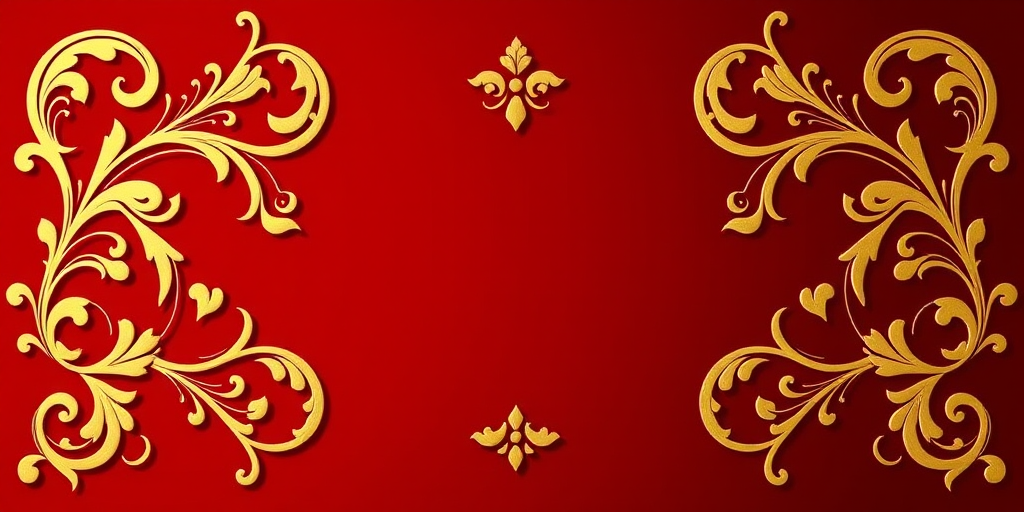 Create an elegant design featuring gold ornate swirls on a deep red background, in a high-resolution digital artwork style, 50mm lens, f/2.8 aperture, soft focus, natural lighting, shot from a straight-on view.