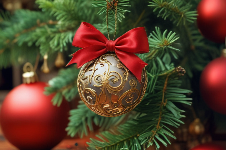 Elegant Golden Christmas Ornament with Red Bow Hanging on Evergreen Tree