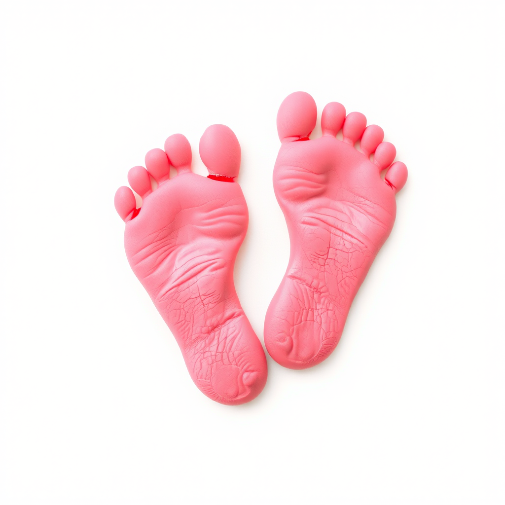 Regenerate an image of two pink baby footprints on a white background, using a DSLR camera with a 50mm lens, aperture f/4, ISO 100, and a shallow depth of field for a soft focus effect.