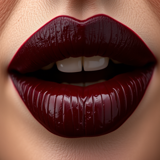 Vampy oxblood lips with leather-like texture, sharp peaks at cupid's bow, intense and edgy appearance, fierce Rebel Leather Stain look