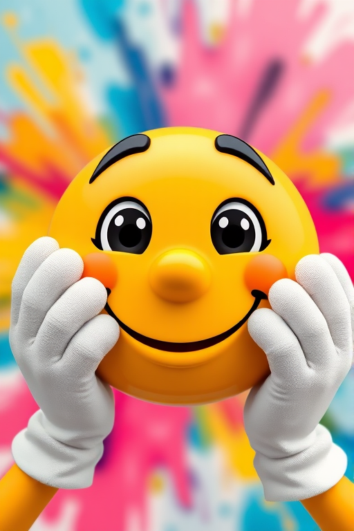 Generate a 3D cartoon smiley face with a neutral expression, white gloves, and a colorful abstract background, using a Canon EOS R5 camera, 50mm lens, f/1.8 aperture, ISO 100, and a soft focus style for a vibrant and playful look.