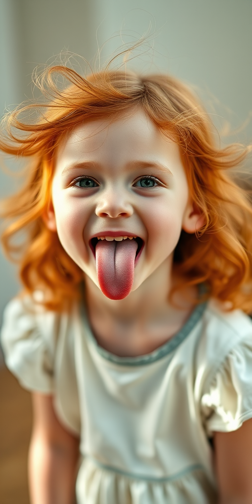Create a portrait of a playful young girl with wild red hair and green eyes, tongue out, captured in soft natural light using a Canon EOS R5 at f/2.8, 50mm lens, with a shallow depth of field to emphasize her expression against a soft blurred background.