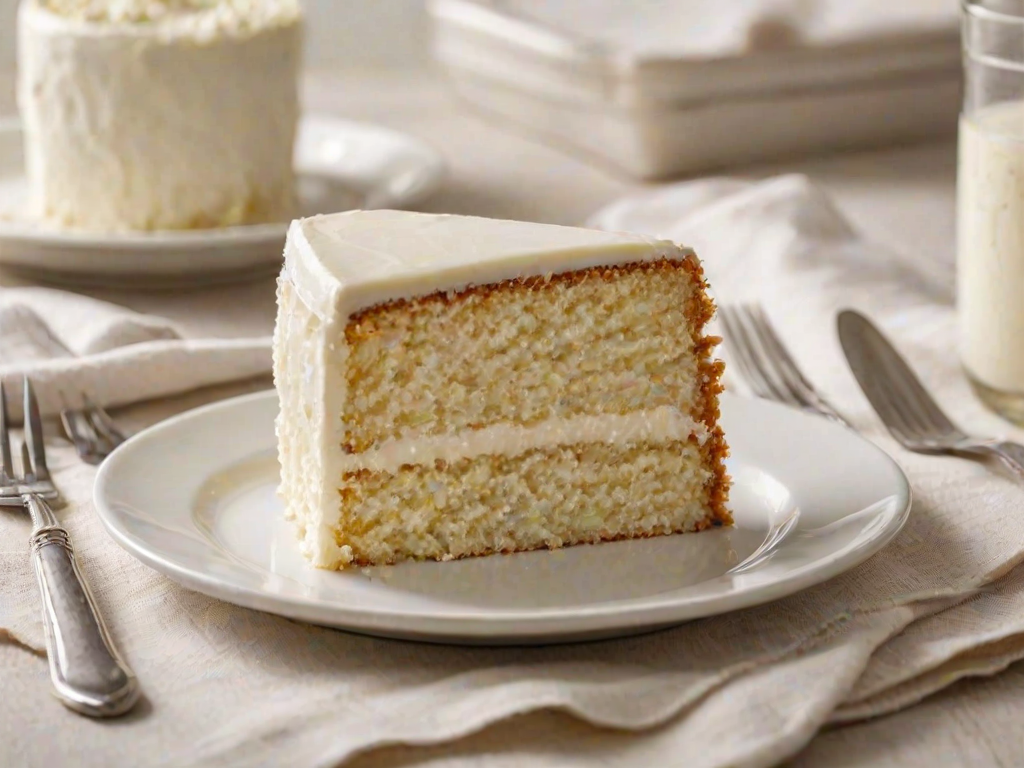 Generate an image of a slice of moist vanilla cake with cream cheese frosting on a white plate. The cake should have a soft and fluffy texture, with a smooth, thick layer of frosting on top. Include a fork resting beside the cake and a blurred background of a glass dish containing more cake. The setting should feel warm and inviting, with a simple tablecloth underneath.