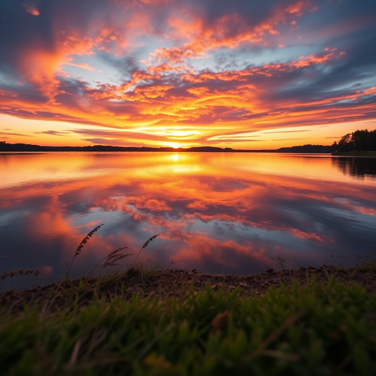 Create a high-resolution image of a colorful sunset over a serene lake with reflections in the water, using a DSLR camera with a 50mm lens, aperture set to f/8, ISO 100, and a slow shutter speed of 1/30 seconds, shot from a low angle to capture the foreground with a focus on vibrant colors and clarity.
