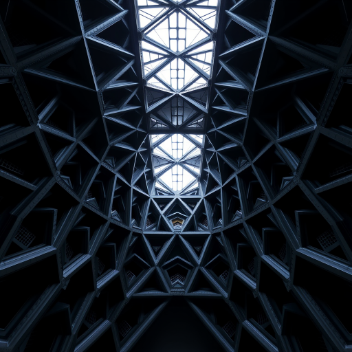 capture an intricate architectural structure featuring a dark, geometric design with symmetrical patterns, low light conditions with soft highlights, use a wide-angle lens at f/8, ISO 200, shutter speed 1/60s, taken from a low angle perspective with a DSLR camera to enhance image clarity and detail
