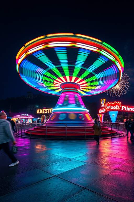 Blurry action shot of a carnival ride spinning at night, colorful lights streaking in circles, with soft reflections of neon signs on the wet pavement and distant fireworks lighting up the sky.