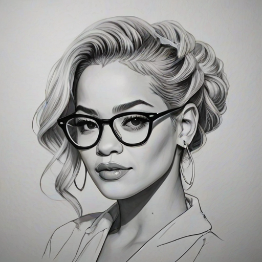 Enchanting Rita Ora, pencil sketch, portrait of Pleasing woman 1921s in glasses, hair style beatnik, outline, clear lines, fine lines, 8k