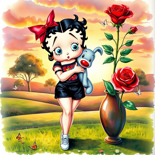 Luxury 3D HD realistic watercolor oil painting. Betty Boop with black hair in two messy buns. Red headband with big bow. He wears black shorts with a colorful t-shirt. White sneakers. She is standing hugging winnie the pooth next to a large vase with a tall red rose, There are trees and butterflies flying. The land with a beautiful lawn. Full body. Background of a sunset