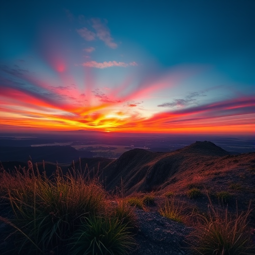 Create a high-resolution image of a serene landscape during sunrise with vibrant colors, using a Canon EOS 5D Mark IV, 24mm lens, f/8 aperture, ISO 100, 1/200 second exposure, shot from a low angle to emphasize foreground details.