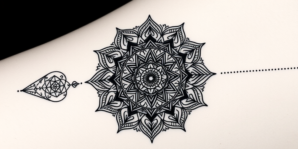 Blackwork sacred geometry tattoo featuring intricate mandala patterns and mystical symbols, gradually fading from solid black to delicate dotwork for a mesmerizing visual effect