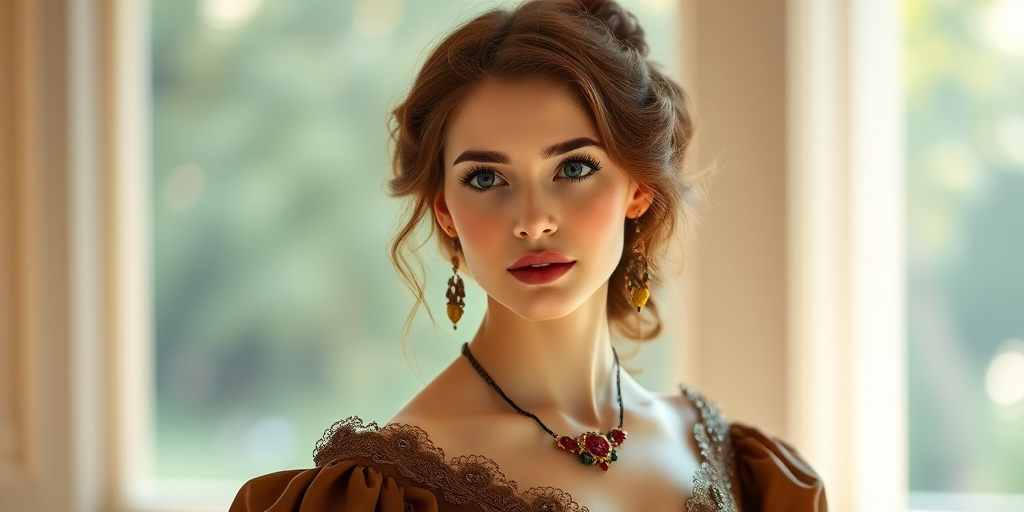 portrait of a young woman in a vintage brown gown with intricate details and elegant accessories, soft natural lighting, 85mm f/1.8 lens, ISO 200, 1/125 sec, shallow depth of field, DSLR camera
