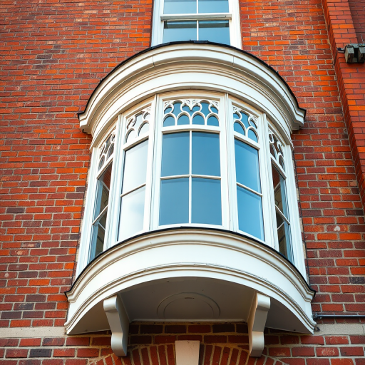 Regenerate an image of a decorative curved bay window on a brick building, shot with a Canon EOS 5D Mark IV, 50mm lens, f/8 aperture, ISO 100, in natural daylight from a low angle with a slight tilt to emphasize the window's curves and architectural details.