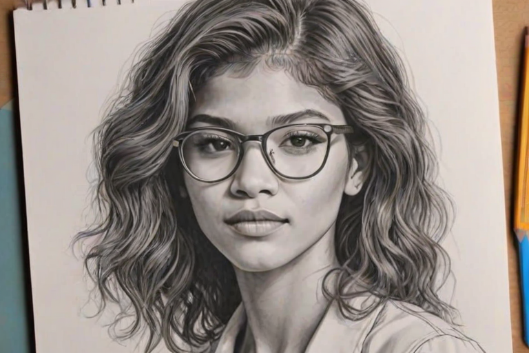 Radiant Zendaya, pencil sketch, portrait of Alluring woman 1979s in glasses, hair style beatnik, outline, clear lines, fine lines, 8k