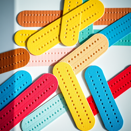 Create an image of a row of colorful adhesive bandages in varying shades including brown, yellow, green, blue, and red, captured with a Canon EOS R5 at f/4, ISO 100, 50mm lens, top-down view, natural lighting, high contrast.