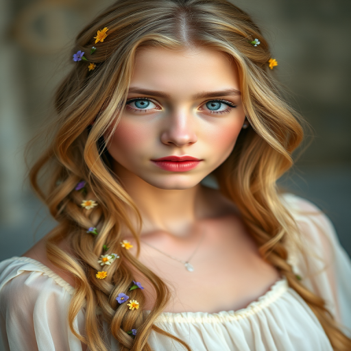 Create an image of a young woman with long, wavy blonde hair, adorned with small, colorful flowers woven into her braids and loose strands. Her complexion is fair, with soft, glowing skin, and she has light blue eyes that gaze softly at the viewer. She wears a light, flowing dress with a gentle, ethereal quality, complementing her delicate and serene appearance. The background is slightly blurred, drawing focus to her tranquil expression and the intricate details of the flowers in her hair. The overall mood of the image is one of natural beauty and grace, evoking a sense of peacefulness and connection with nature.