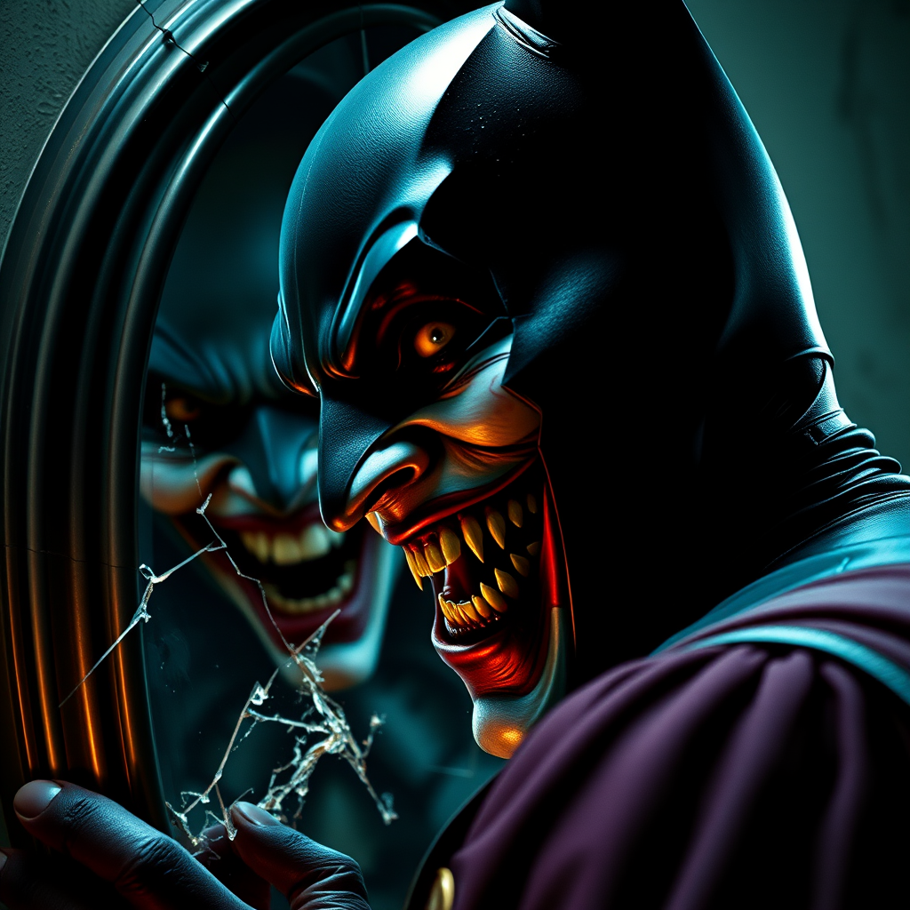 Merging elements of Batman and The Joker, this character portrays an evil, maniacal laughter, a sinister grin, and piercing eyes, accompanied by inhumanly sharp fangs. In a half-body portrait, Batman appears maniacal, gazing into a shattered mirror, his image rendered in Todd Phillips' unique style. The scene exudes an atmosphere of darkness, horror, and intense drama, with dramatic lighting and high-quality, hyper-realistic visuals. Inspired by the style of illusory wallpaper portraits, the image showcases colorful realism, exceptional attention to detail, and intricate hidden elements. The UHD, 8K resolution delivers a stunning image, combining realism and vibrant colors for an immersive, intense experience.