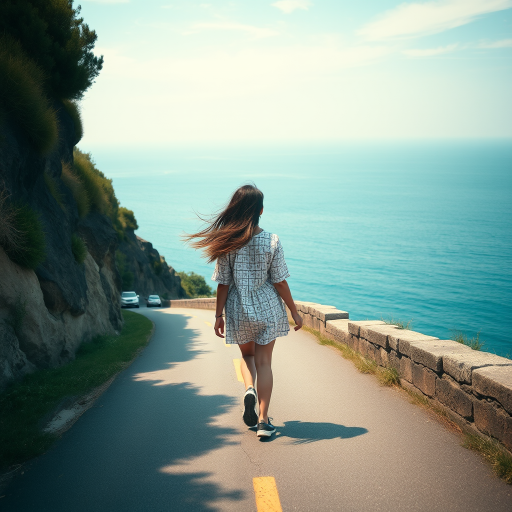 Wide-angle shot of a coastal road leading down to a calm blue ocean. A chubby high school girl with long hair, blown gently by the ocean breeze, walks along the road, looking to the viewers with. Enhanced contrast, and a soft focus on the horizon. Use a DSLR camera with a 24mm lens at f/5.6