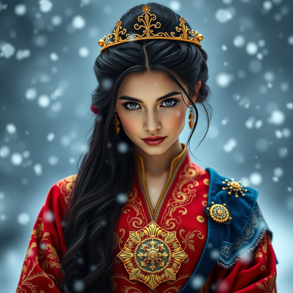 A young woman with long black hair styled in a high bun, adorned with a gold crown and intricate hair ornaments, stares intently at the viewer. She wears a vibrant red and gold embroidered robe with blue accents, a gold belt with a large ornate buckle, and a blue and gold shoulder piece. The woman is positioned in the center of the frame, with the background blurred and filled with falling snow. The image has a soft, ethereal feel with a focus on the woman's face and attire, creating a portrait-like composition. The colors are rich and saturated, with the red, gold, and blue of the clothing standing out against the muted blue and white of the snowy backdrop. The lighting is soft and diffused, casting a warm glow on the woman's face.  The overall mood is elegant and mysterious.  The details of the woman's attire, especially the intricate embroidery and embellishments, add a sense of opulence and grandeur.  The falling snow further enhances the sense of winter magic and wonder.