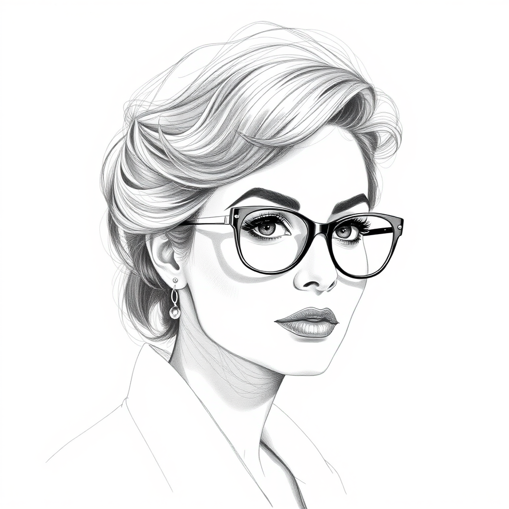 Beautiful Sophia Loren, pencil sketch, portrait of beautiful woman 60s in glasses, hair style beatnik, outline, clear lines, fine lines, 8k