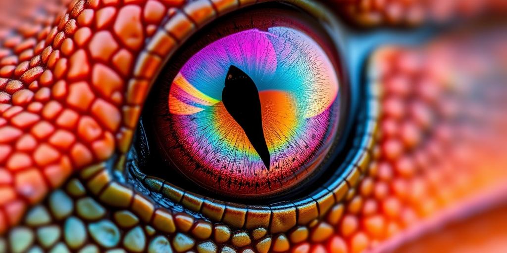 Close-up of a dragon's eye with vibrant colors reflecting in the iris, showcasing intricate scales in high detail, 50mm lens, f/1.8 aperture, ISO 100, natural lighting, macro photography.
