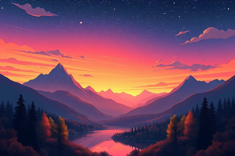 Create a vibrant digital illustration of a serene landscape at dusk featuring stylized mountains, lush forests with autumn foliage, a calm lake in the foreground reflecting the colors of the sky, with a starry night above, using a Canon EOS R5 with 24-70mm f/2.8 lens, aperture f/8, ISO 100, and a wide-angle view to capture the entire scene in high resolution.