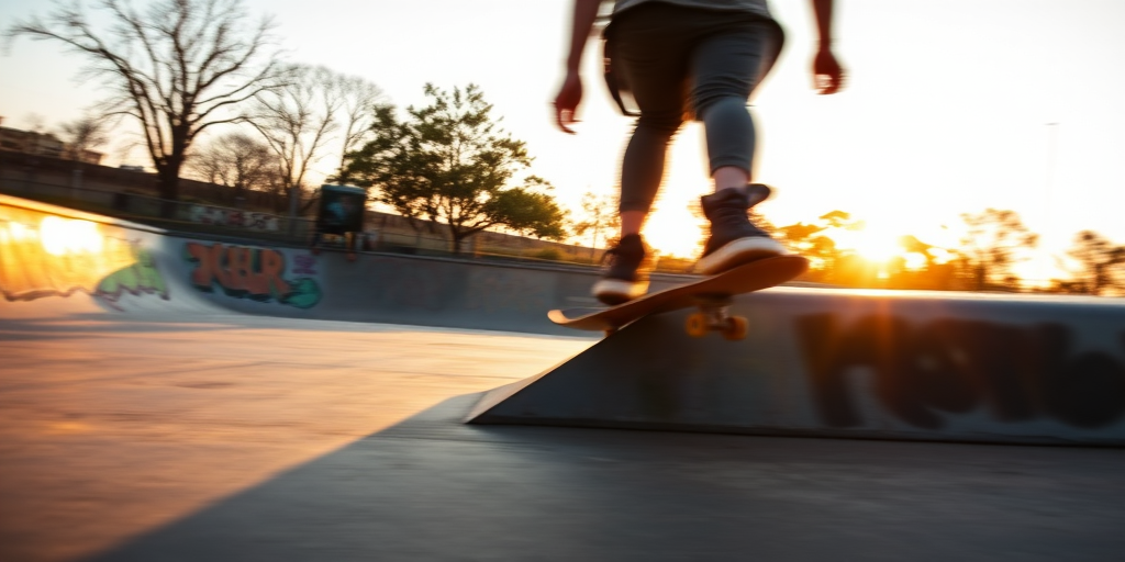 Blurry action shot of a skateboarder grinding a rail in an urban skate park at dusk, soft golden light from the setting sun casting long shadows on the pavement, with distant graffiti-covered walls and trees barely visible.