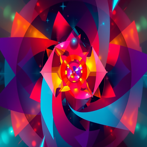 Create an abstract digital art piece featuring geometric shapes and vibrant colors, captured in 4K resolution using a Canon EOS R5 with a 24-70mm f/2.8 lens at f/8, ISO 100, and a shallow depth of field, top-down view for dynamic composition.