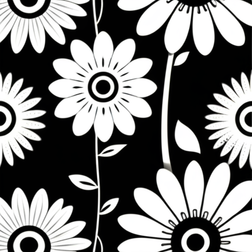 Bold Black and White Floral Pattern Featuring Stylized Daisy Flowers