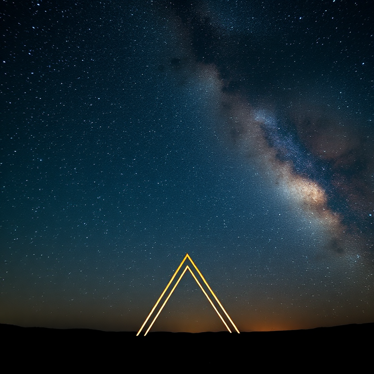 Create a high-resolution image of a night sky filled with stars and a visible Milky Way, featuring a large geometric shape in the foreground, taken with a DSLR camera at ISO 800, aperture f/2.8, shutter speed 20 seconds, wide-angle lens, and a landscape view.