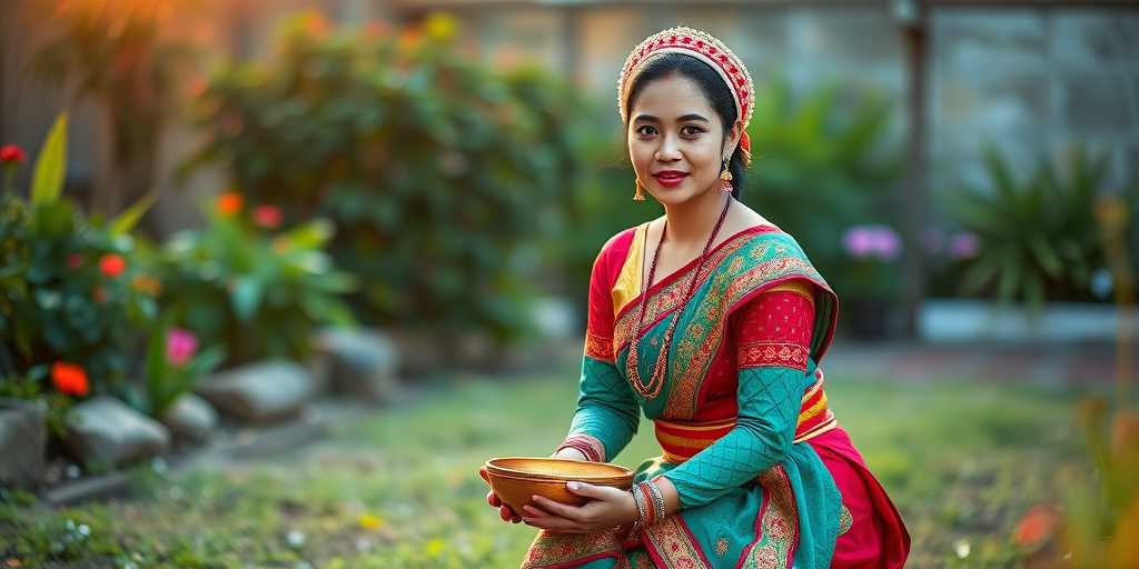 portrait of a woman dressed in traditional attire, kneeling in a garden with a bowl, soft natural lighting, shallow depth of field, 50mm lens, f/1.8 aperture, ISO 100, 1/200 sec shutter speed, DSLR camera, golden hour lighting, vibrant colors