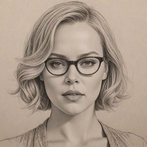 Fascinating Abbie Cornish, pencil sketch, portrait of Stunning woman 1932s in glasses, hair style beatnik, outline, clear lines, fine lines, 8k